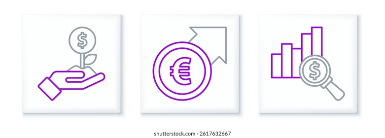Set line Pie chart and dollar, Dollar plant and Financial growth euro icon. Vector