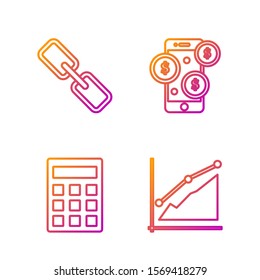 Set line Pie chart infographic, Calculator, Chain link and Smartphone with dollar symbol. Gradient color icons. Vector