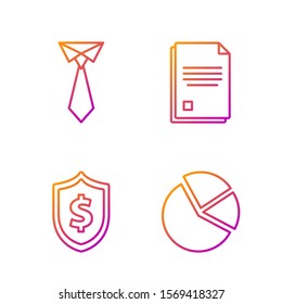 Set line Pie chart infographic, Shield with dollar symbol, Tie and File document. Gradient color icons. Vector
