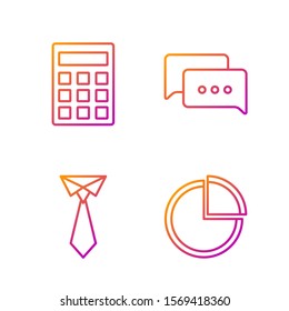 Set line Pie chart infographic, Tie, Calculator and Speech bubble chat. Gradient color icons. Vector