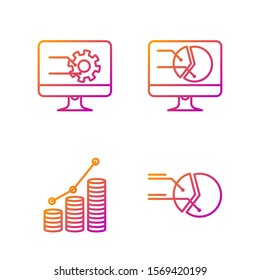 Set line Pie chart infographic, Pie chart infographic and coin, Computer monitor with graph chart and Computer monitor with graph chart. Gradient color icons. Vector