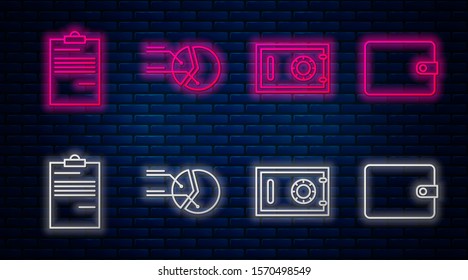 Set line Pie chart infographic, Safe, Document and Wallet. Glowing neon icon on brick wall. Vector