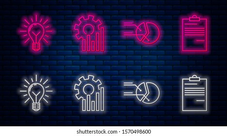 Set line Pie chart infographic, Pie chart infographic, Light bulb with rays shine and concept of idea and Document. Glowing neon icon on brick wall. Vector