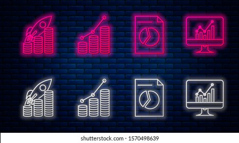 Set line Pie chart infographic and coin, Document with graph chart, Rocket flying up on coins growth chart and Computer monitor with graph chart. Glowing neon icon on brick wall. Vector