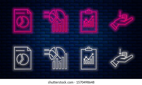 Set line Pie chart infographic, Clipboard with graph chart, Document with graph chart and Money on hand. Glowing neon icon on brick wall. Vector