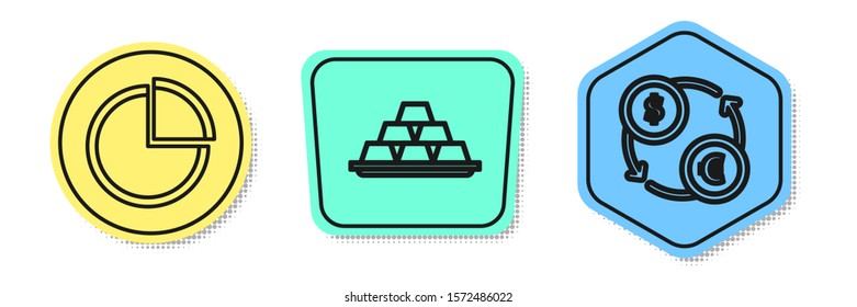Set line Pie chart infographic, Gold bars and Money exchange. Colored shapes. Vector