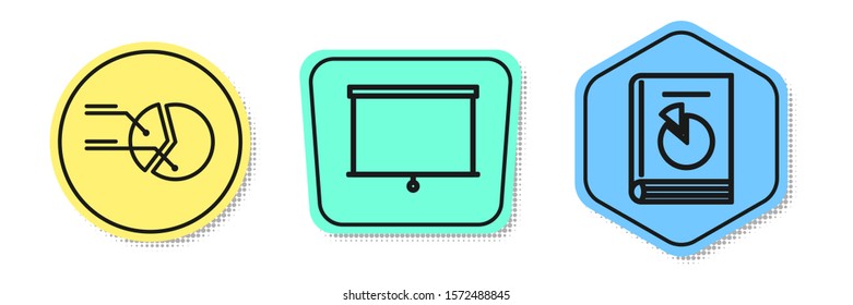 Set line Pie chart infographic, Chalkboard and User manual. Colored shapes. Vector