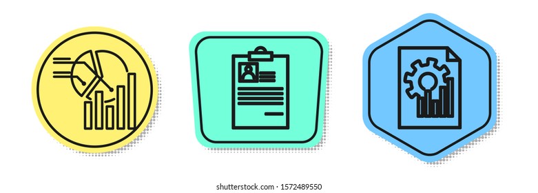 Set line Pie chart infographic, Clipboard with resume and Document with graph chart. Colored shapes. Vector