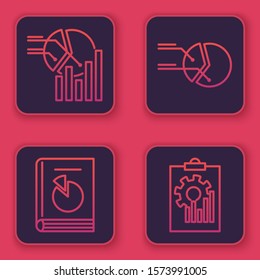 Set line Pie chart infographic, User manual, Pie chart infographic and Clipboard with graph chart. Blue square button. Vector