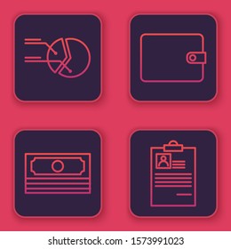 Set line Pie chart infographic, Stacks paper money cash, Wallet and Clipboard with resume. Blue square button. Vector