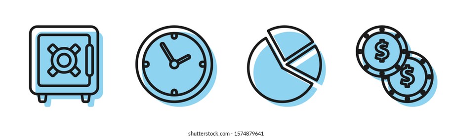 Set line Pie chart infographic, Safe, Clock and Coin money with dollar symbol icon. Vector