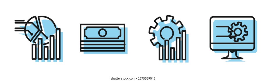 Set line Pie chart infographic, Pie chart infographic, Stacks paper money cash and Computer monitor with graph chart icon. Vector