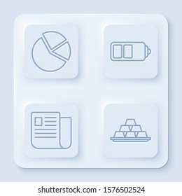 Set line Pie chart infographic, Battery charge level indicator, File document and Gold bars. White square button. Vector