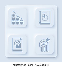 Set line Pie chart infographic and coin, User manual, Document with graph chart and Target with graph chart. White square button. Vector