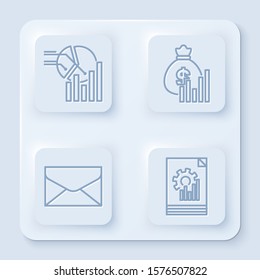 Set line Pie chart infographic, Money bag and diagram graph, Envelope and Document with graph chart. White square button. Vector