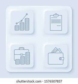 Set line Pie chart infographic and coin, Document, Briefcase and coin and Wallet with stacks paper money cash. White square button. Vector