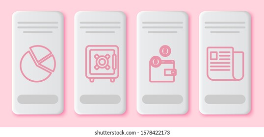 Set line Pie chart infographic, Safe, Wallet with coins and File document. White rectangle button. Vector