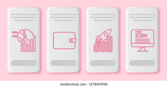 Set line Pie chart infographic, Wallet, Rocket flying up on coins growth chart and Computer monitor with resume. White rectangle button. Vector