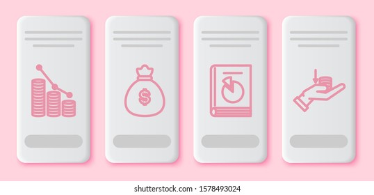 Set line Pie chart infographic and coin, Money bag, User manual and Money on hand. White rectangle button. Vector