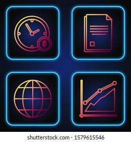 Set line Pie chart infographic, Earth globe, Time is money and File document. Gradient color icons. Vector
