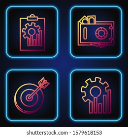 Set line Pie chart infographic, Target, Clipboard with graph chart and Safe and money. Gradient color icons. Vector