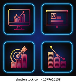 Set line Pie chart infographic and coin, Target with coin symbol, Computer monitor with graph chart and Board with resume. Gradient color icons. Vector