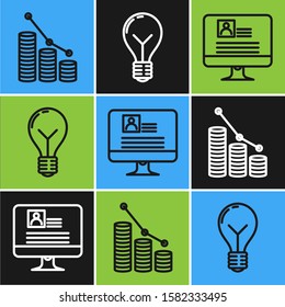 Set line Pie chart infographic and coin, Computer monitor with resume and Light bulb with concept of idea icon. Vector