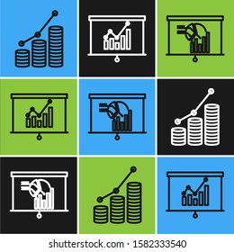 Set line Pie chart infographic and coin, Board with graph chart and Board with graph chart icon. Vector