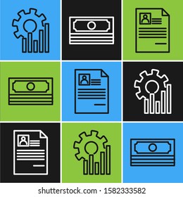 Set line Pie chart infographic, Resume and Stacks paper money cash icon. Vector