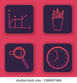 Set line Pie chart infographic, Magnifying glass, Pencil case stationery and Clock. Blue square button. Vector