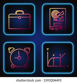 Set line Pie chart infographic, Alarm clock, Briefcase and Board with graph chart. Gradient color icons. Vector