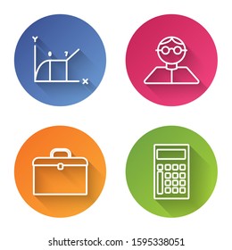 Set line Pie chart infographic, Student, Briefcase and Calculator. Color circle button. Vector