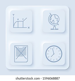 Set line Pie chart infographic, Earth globe, Exam paper with incorrect answers survey and Clock. White square button. Vector