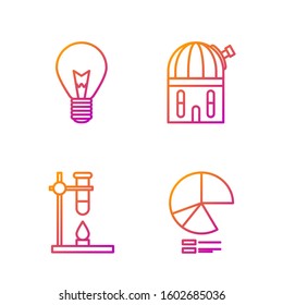 Set line Pie chart infographic, Glass test tube flask on fire heater, Light bulb with concept of idea and Astronomical observatory. Gradient color icons. Vector