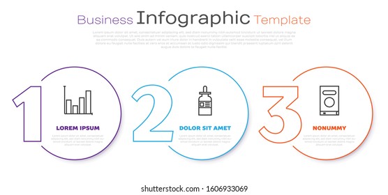Set line Pie chart infographic, Glass bottle with a pipette and Book. Business infographic template. Vector