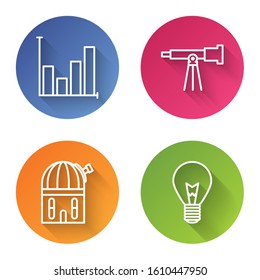 Set line Pie chart infographic, Telescope, Astronomical observatory and Light bulb with concept of idea. Color circle button. Vector