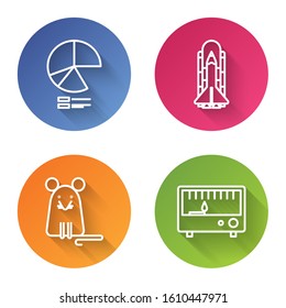 Set line Pie chart infographic, Space shuttle and rockets, Rat and Electrical measuring instruments. Color circle button. Vector