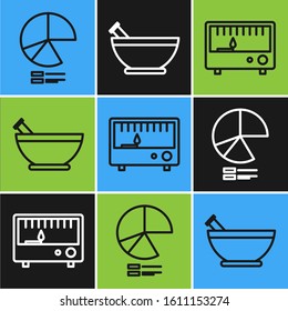 Set line Pie chart infographic, Electrical measuring instruments and Mortar and pestle icon. Vector