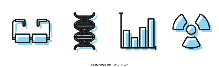 Set line Pie chart infographic, Glasses, DNA symbol and Radioactive icon. Vector