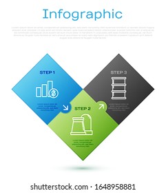 Set line Pie chart infographic and dollar, Barrel oil and Oil and gas industrial factory building. Business infographic template. Vector