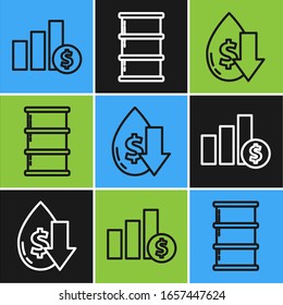 Set line Pie chart infographic and dollar, Drop in crude oil price and Barrel oil icon. Vector