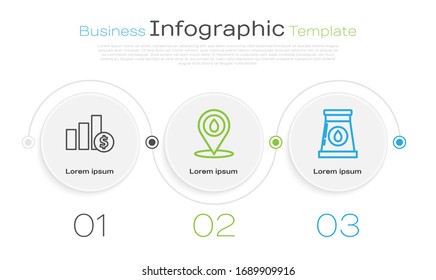 Set line Pie chart infographic and dollar, Refill petrol fuel location and Oil and gas industrial factory building. Business infographic template. Vector