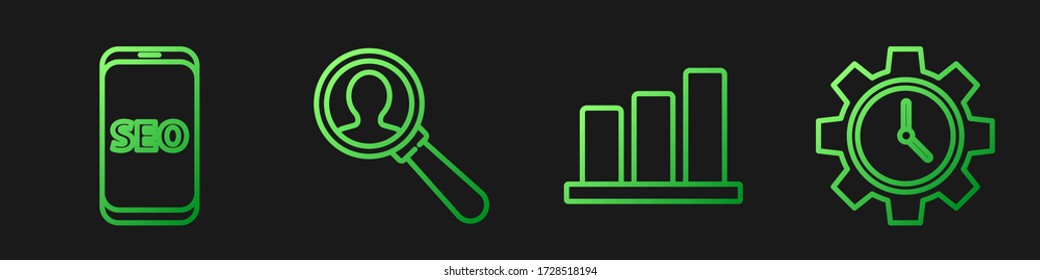 Set line Pie chart infographic, Mobile phone SEO optimization, Magnifying glass for search a people and Time Management. Gradient color icons. Vector