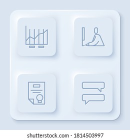 Set line Pie chart infographic, Student working at laptop, Certificate template and Speech bubble chat. White square button. Vector