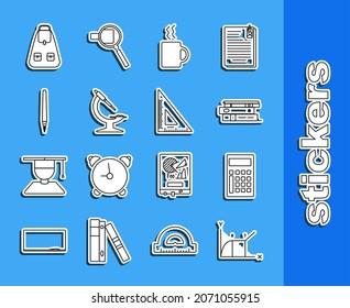 Set line Pie chart infographic, Calculator, Office folders with papers and documents, Coffee cup, Microscope, Pen, School backpack and Triangular ruler icon. Vector