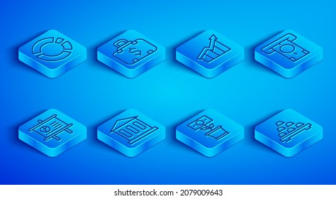 Set line Pie chart infographic, Briefcase and money, Financial growth increase, Bank building, Money plant the pot, ATM, Chalkboard with diagram and Gold bars icon. Vector