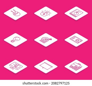 Set line Pie chart infographic, Money bag, User manual, Light bulb with concept of idea, Target, Safe, Computer monitor and Chalkboard icon. Vector