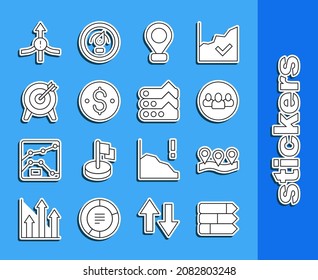 Set line Pie chart infographic, Location, Project team base, Dollar symbol, Target, Arrow and Graph, chart, diagram icon. Vector