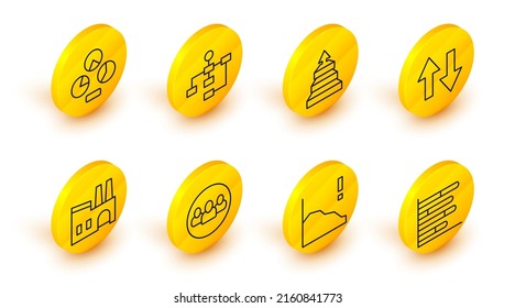 Set line Pie chart infographic, Financial growth decrease, Project team base, Factory, Arrow, Pyramid infographics, Hierarchy organogram and  icon. Vector