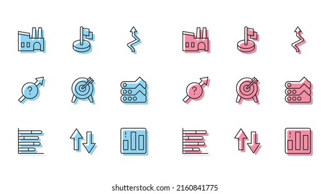 Set line Pie chart infographic, Arrow, Factory, Target, Graph, chart, diagram,  and Flag icon. Vector